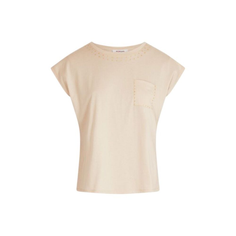 Morgan De Toi Studded Neckline Top Casual Style Women Beige Shirts